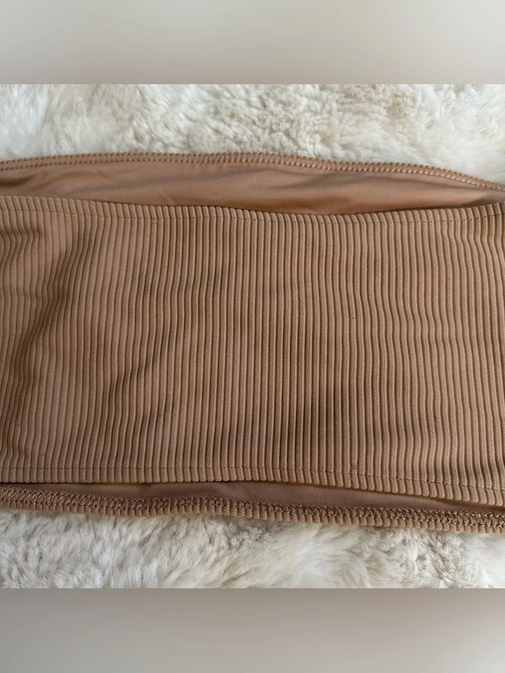 Frankie's Bikini's tan jenna ribbed bandeau bikini top and matching tie bottoms